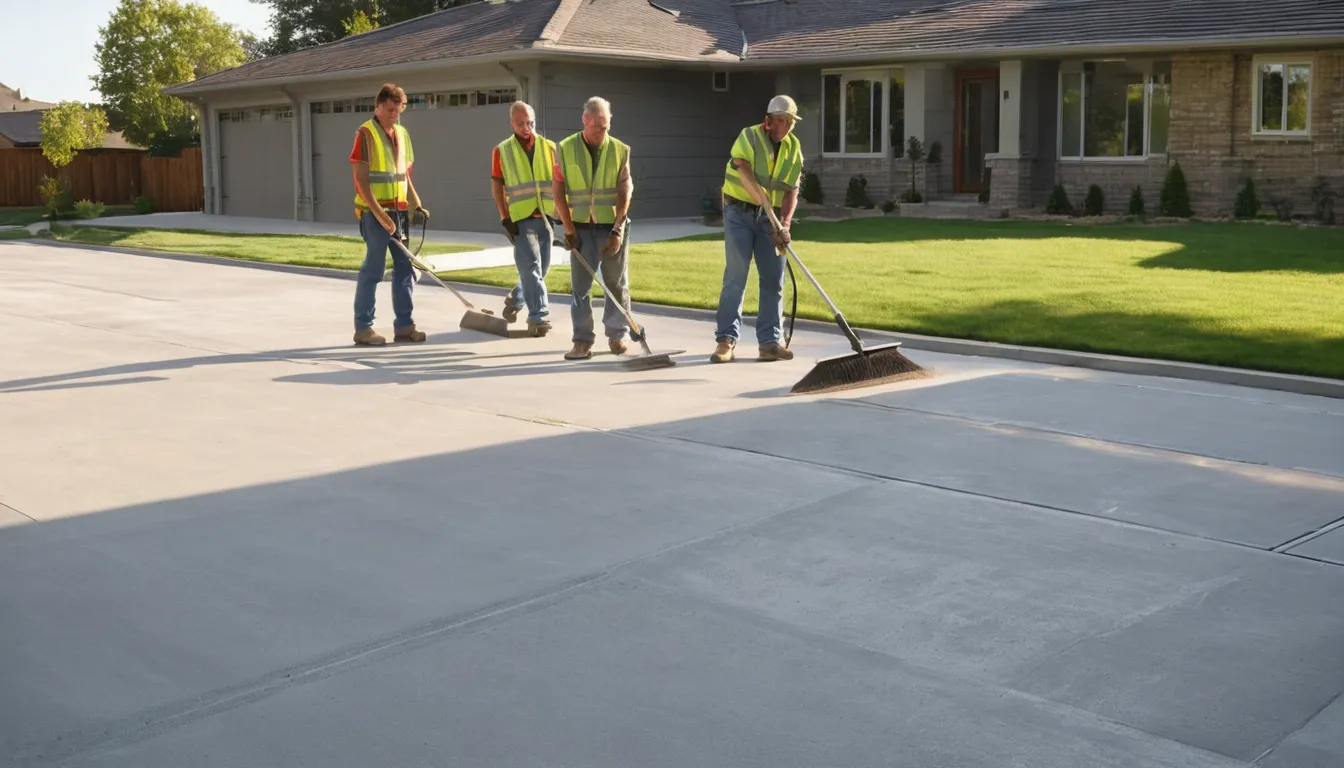 A freshly poured concrete driveway beside a brick ranch home in the Valmeyer area