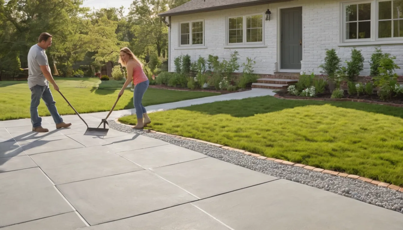 A newly finished concrete patio beside a brick ranch home in the Valmeyer area