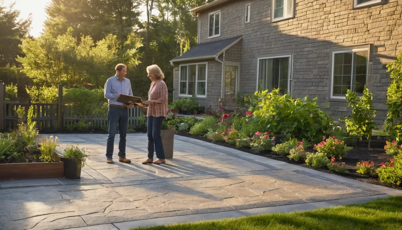 Stamped concrete patio with a slate pattern behind a frame home in the Valmeyer area