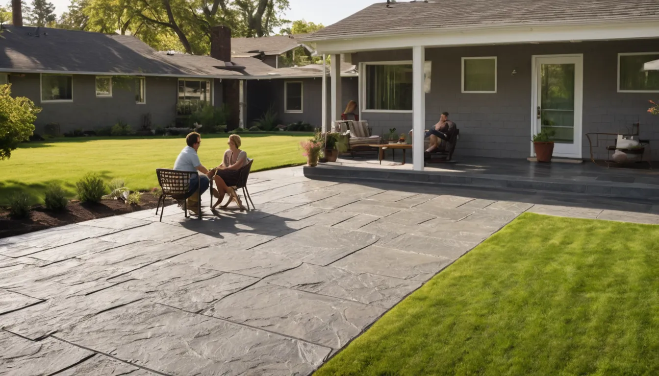 Finished stamped concrete patio with a slate pattern behind a home near Valmeyer